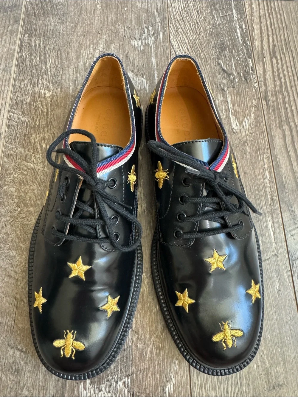 Gucci Kids EU 33 Black Leather Bee Star Embroidered Derby Dress Shoes Sylvie Web
